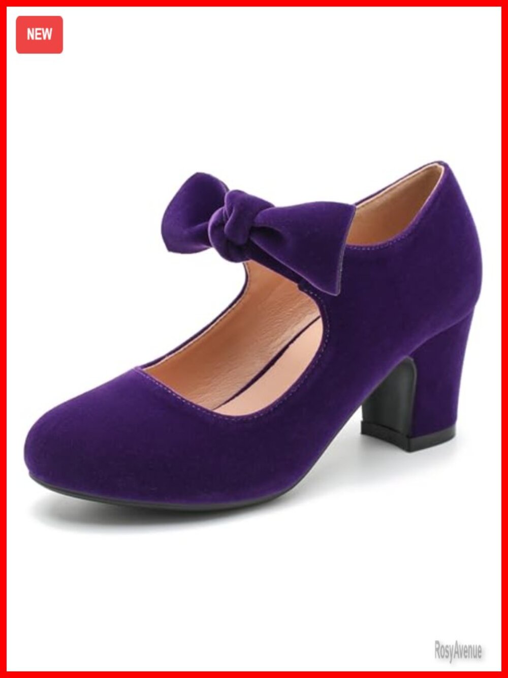 Women's Bow Mary Jane Block Heel Pumps Faux Suede Round Toe Dress Shoes